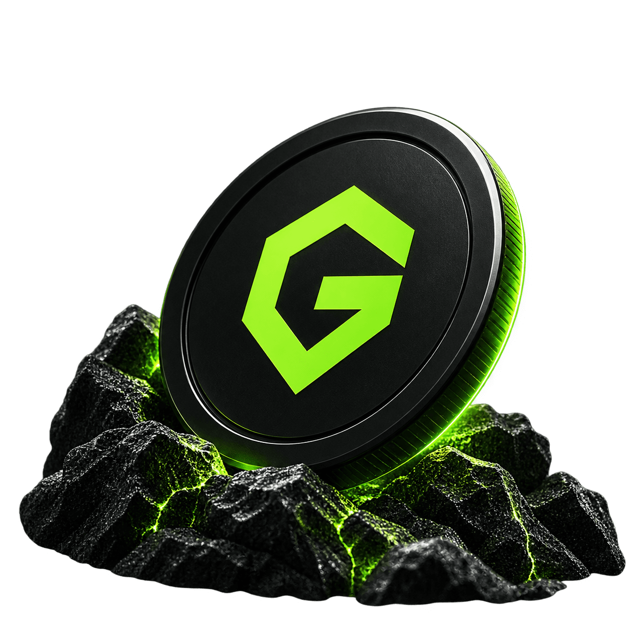 The GARD token: a black coin with the lime GARD emblem resting on dark rock